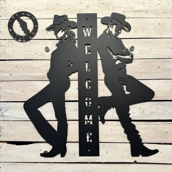 cowboy and cowgirl, welcome sign, metal art, island metal arts