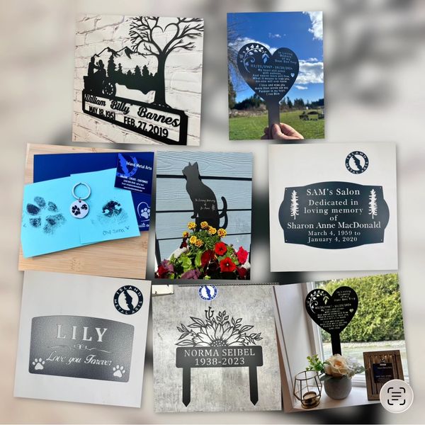 Memorial plaques and art honoring pets and loved ones with personalized designs.