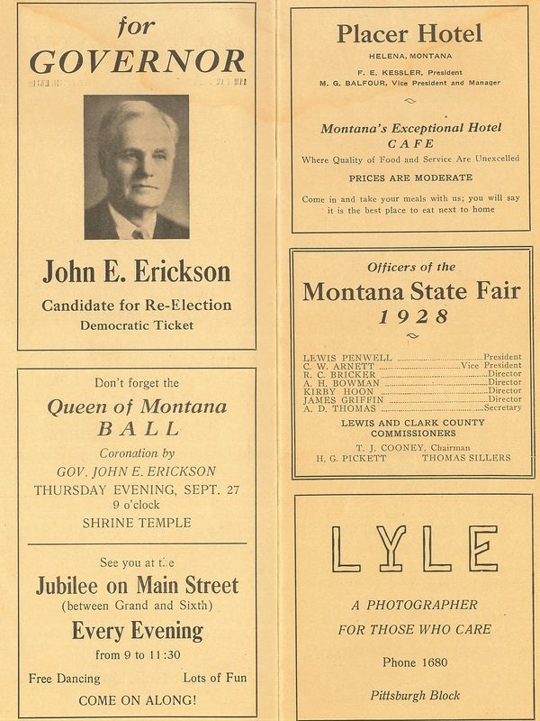 1928 Montana political and event advertisement with John E. Erickson governor campaign.
