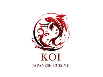 Red koi fish logo with Japanese cuisine text.