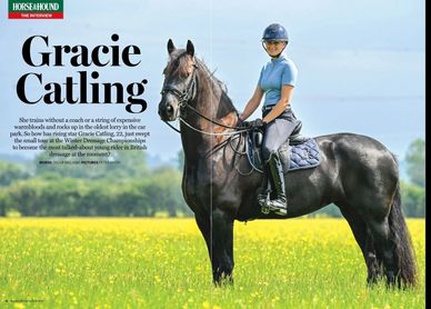 Gracie Catling rides a black horse in a sunny field.