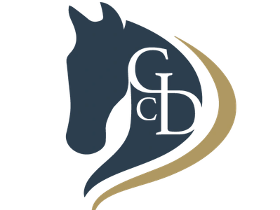 Stylized horse head logo in dark blue and gold.