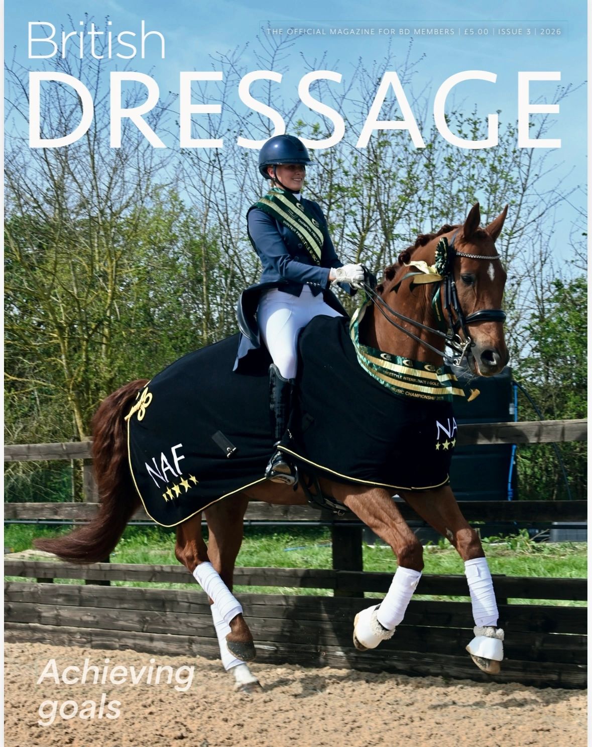 Dressage rider on horseback in competition attire, winning ribbons.