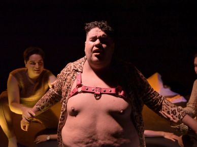A person in a harness performing on stage with others in the background.
