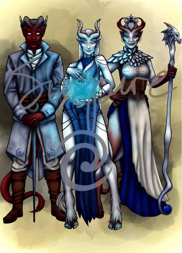 Three tieflings in power stances for a family portrait. 