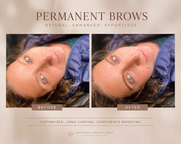Before and after images of a woman showing permanent eyebrow enhancement.