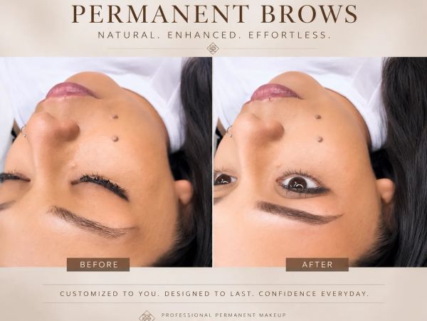 Before and after permanent eyebrow makeup showing natural, enhanced brows.