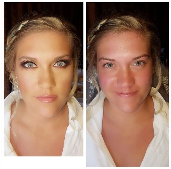 Before and after makeup picture of the bride