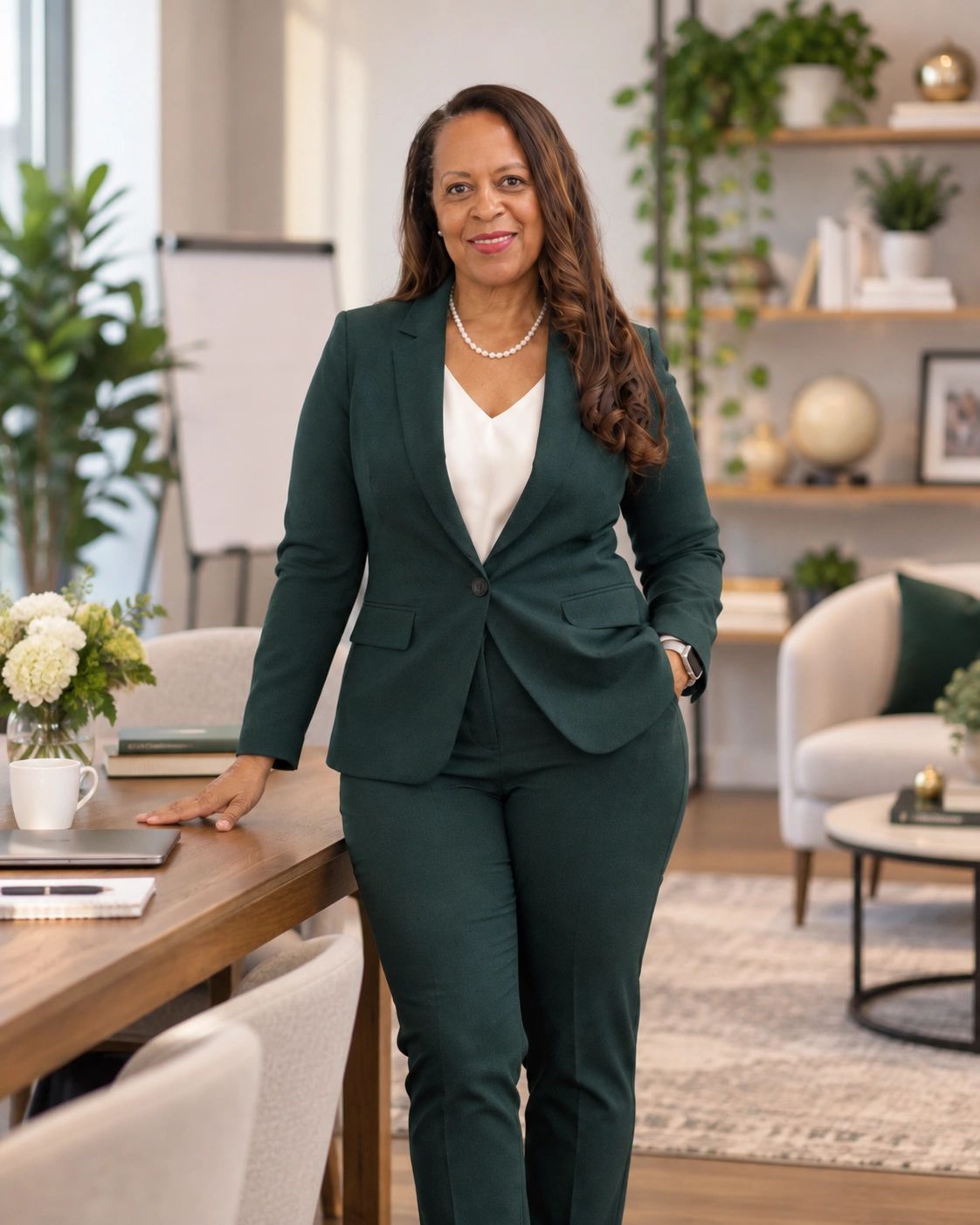 Professional woman in green suit smiling in an office.