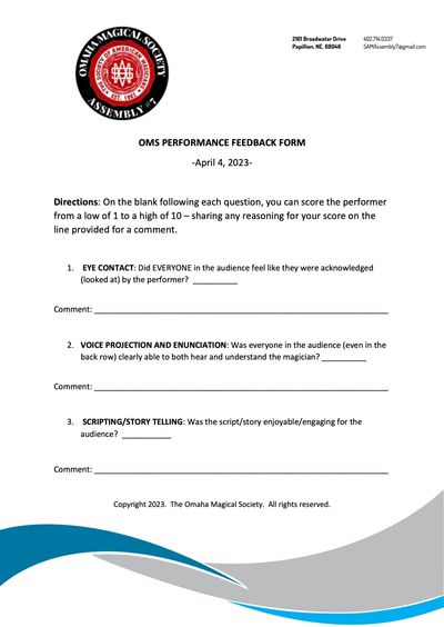Feedback form for Omaha Magical Society performance evaluation.