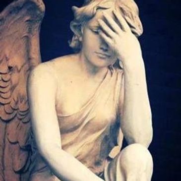 humorous guardian angel, statute of angel with hand to forehead
