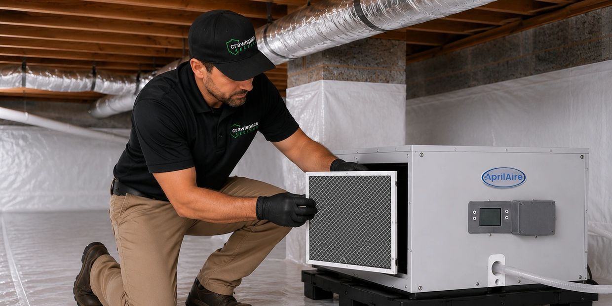 Technician replacing a dehumidifier filter in an encapsulated crawlspace.