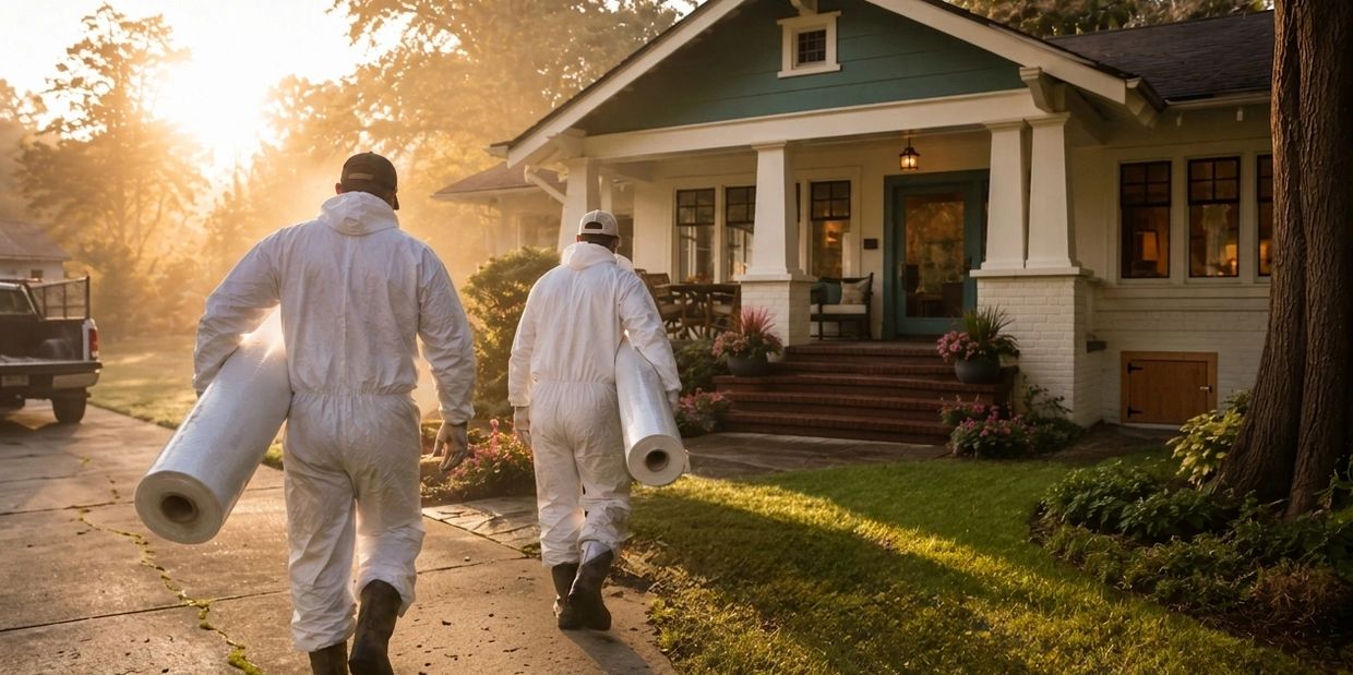 Crawlspace Keepers technicians carrying encapsulation materials to a Charleston home.