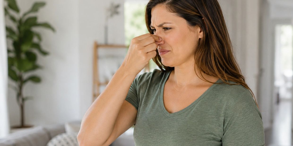 Woman smelling musty odors in her home from a moldy crawlspace.