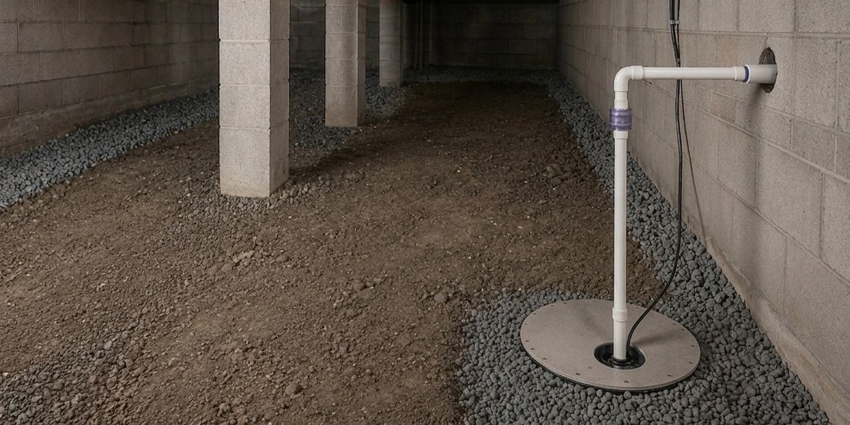 Crawlspace drainage system with gravel trench and sump pump for water removal and moisture control.