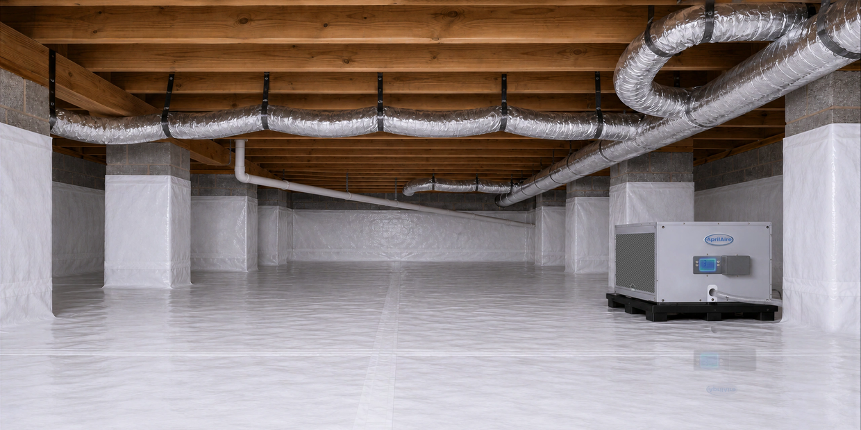 Encapsulated crawlspace with sealed vapor barrier and moisture control system.