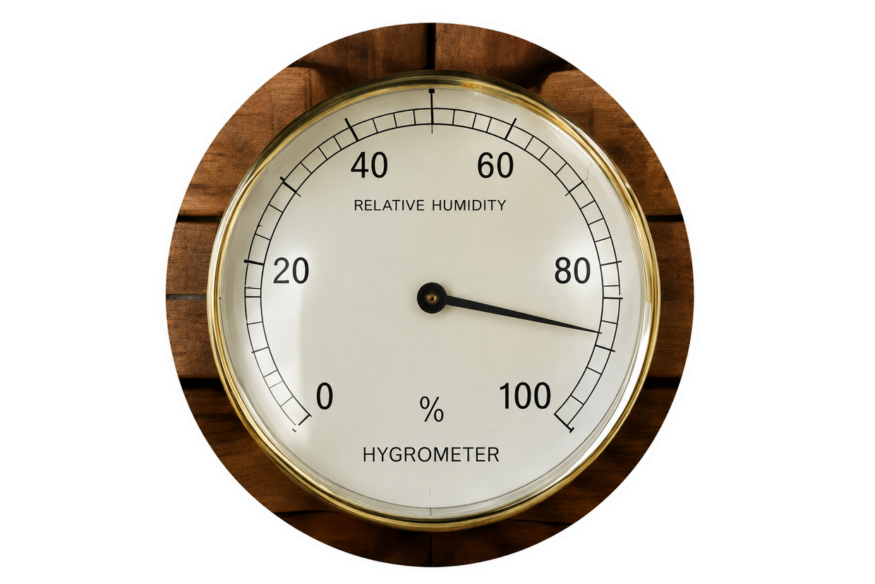 Humidity gauge showing elevated moisture levels inside a crawlspace environment.