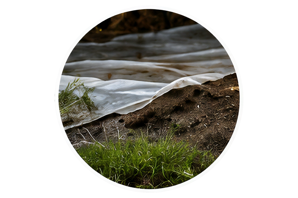 Damaged crawlspace vapor barrier with exposed soil and moisture intrusion pathways.