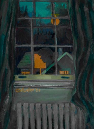 Silhouette of a person by window with houses and moon.