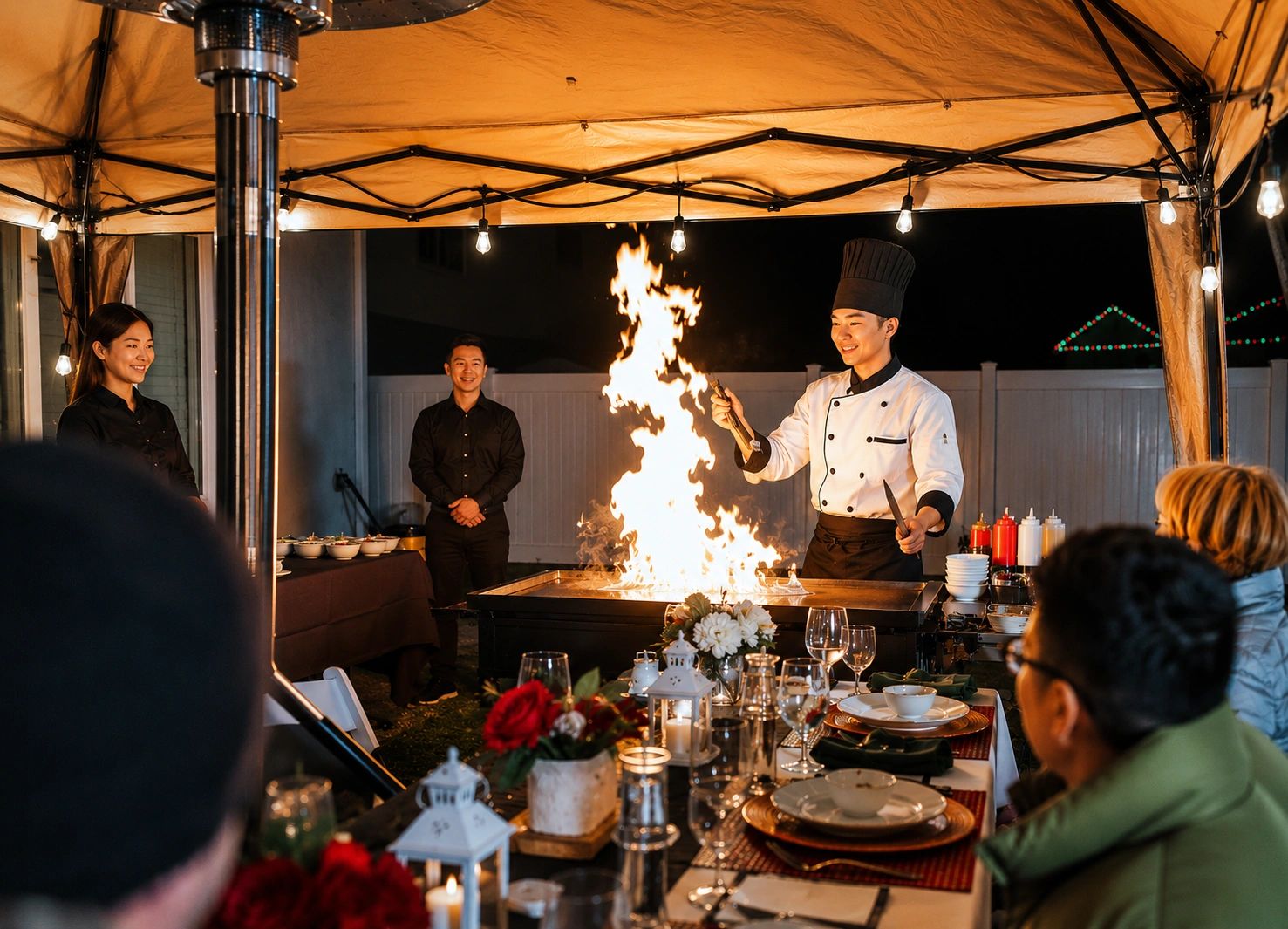 Chef performs a fiery teppanyaki cooking show for diners outdoors at night.