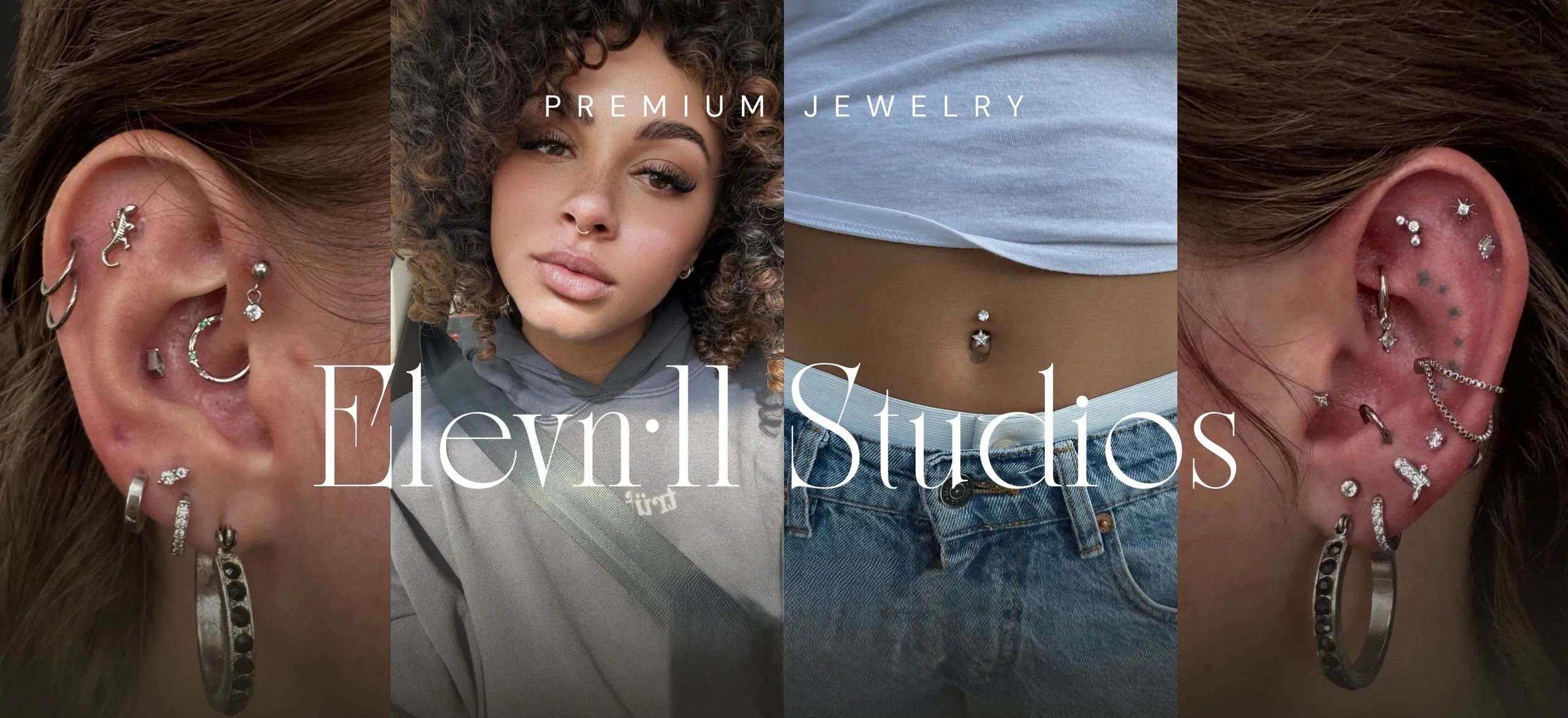 Close-up of premium body jewelry on ears and belly with stylish branding.