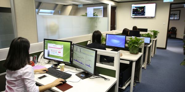 Office workers at desks with multiple computer screens and plants.