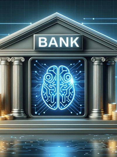 A digital brain symbol on a bank building representing AI in banking.