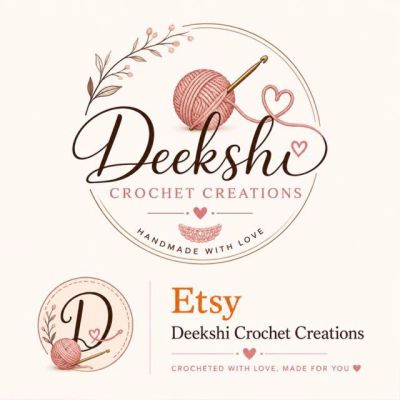 Logo for Deekshi Crochet Creations featuring yarn and crochet hook.