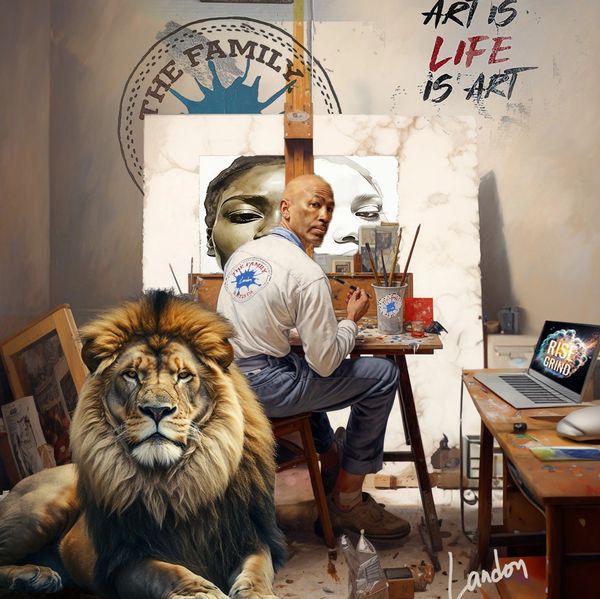 Creative Art of Landon in a studio with Lion. 