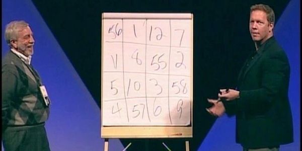 Two men discuss a flip chart with numbers arranged in a grid during a presentation.