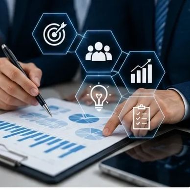 Businessman analyzing data with digital icons for strategy and growth.