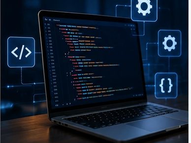 Laptop displaying code with programming icons floating around it.
