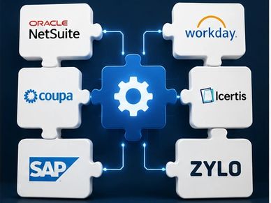 Puzzle pieces with logos of enterprise software companies connecting to a central gear.