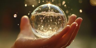 Hand holding a sparkling, bubble-filled glass sphere with glowing light.