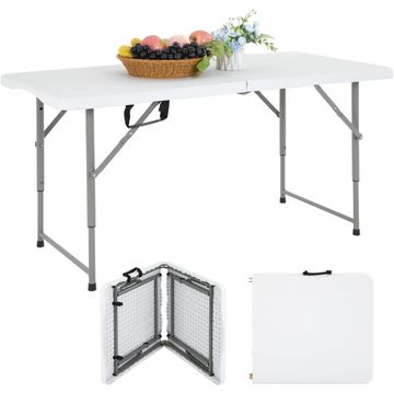White folding table with grey legs, shown open, folded, and closed.