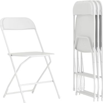 White folding chairs, one open and three stacked.