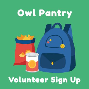 Illustration of snacks and a backpack for Owl Pantry volunteer sign up.