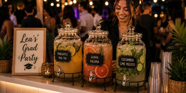A festive drink station at Lea's grad party with colorful beverages and happy guests.
