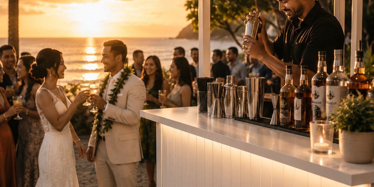 Couple toasting at a beach wedding with a bartender shaking drinks nearby.