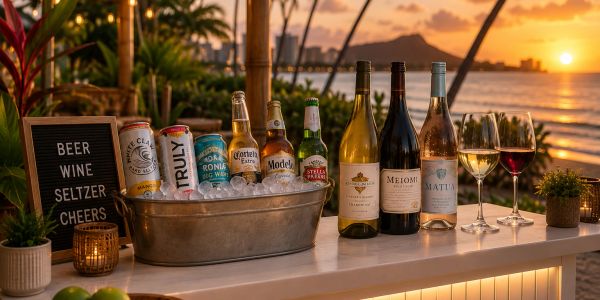 A tropical sunset bar setup with various beers, wines, and seltzers on ice.