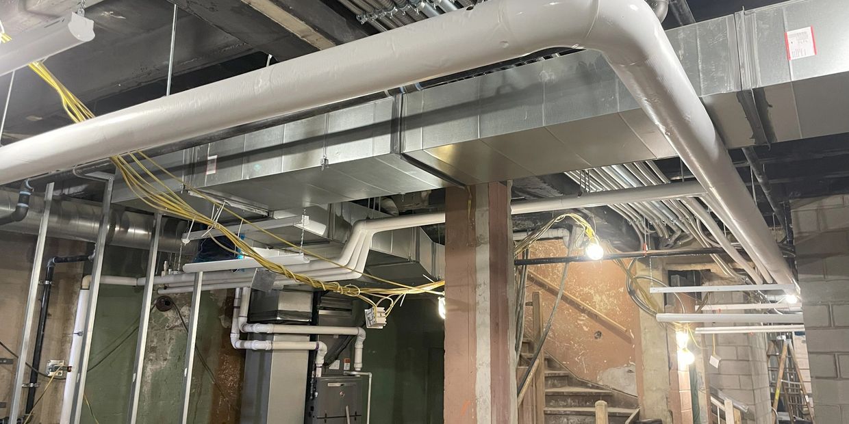 construction, construction site, job, job site, pipes, pipe, piping, insulation, overhead, code
