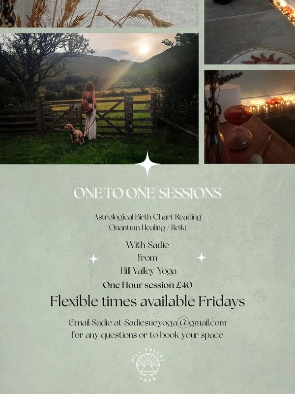 Promotional poster for one-on-one astrology and healing sessions with Sadie at Hill Valley Yoga.