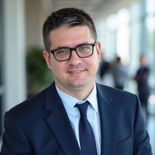 Professional man in glasses wearing a dark suit and tie, smiling.