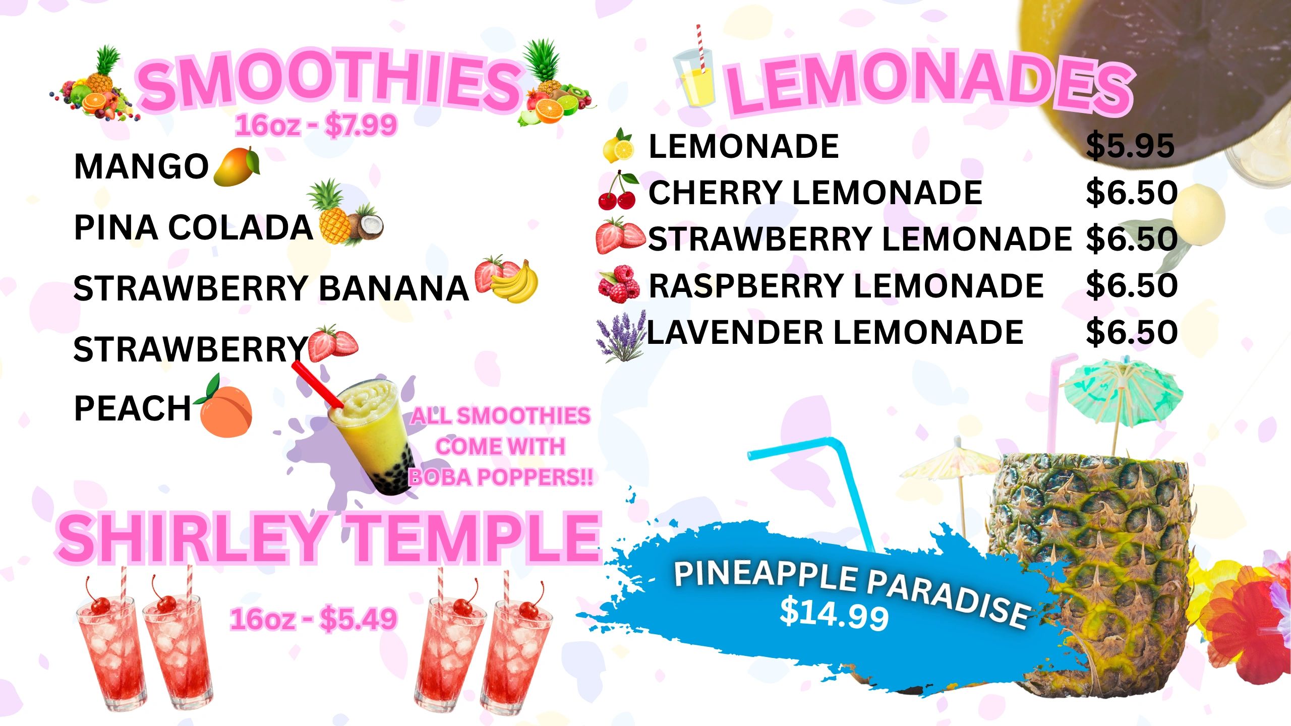 Menu of smoothies and lemonades with prices.