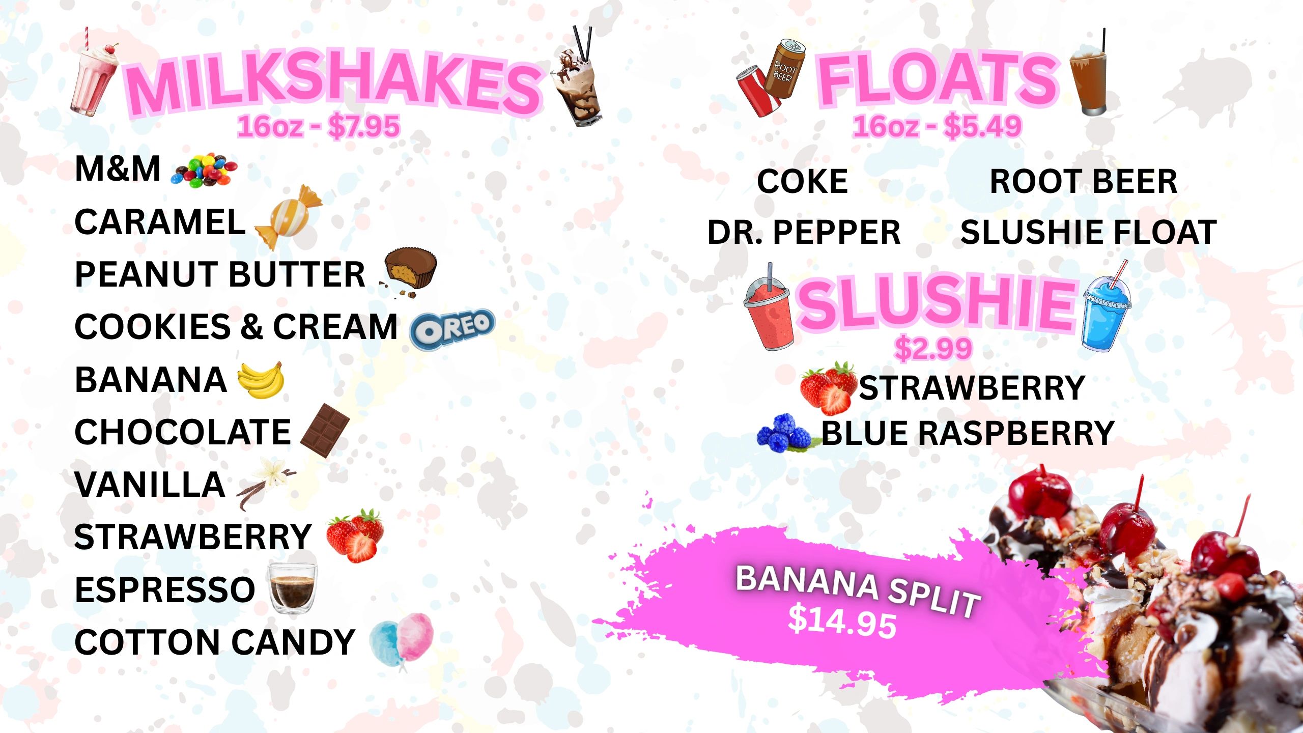Milkshakes, floats, and slushie menu with prices and flavors.