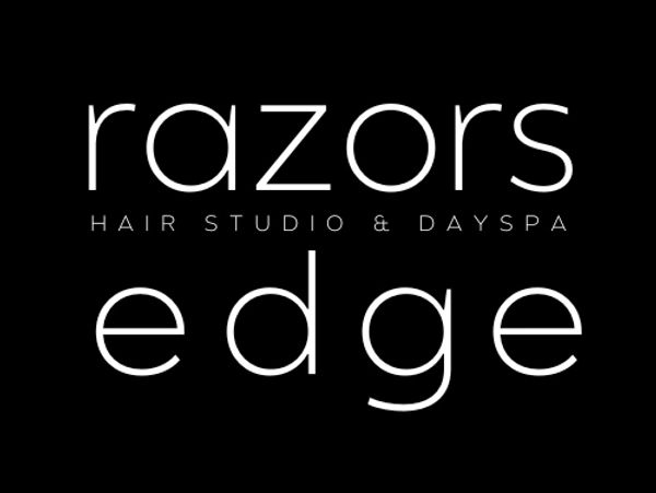 Logo for Razors Edge Hair Studio &amp; Day Spa in minimalist white text on black.