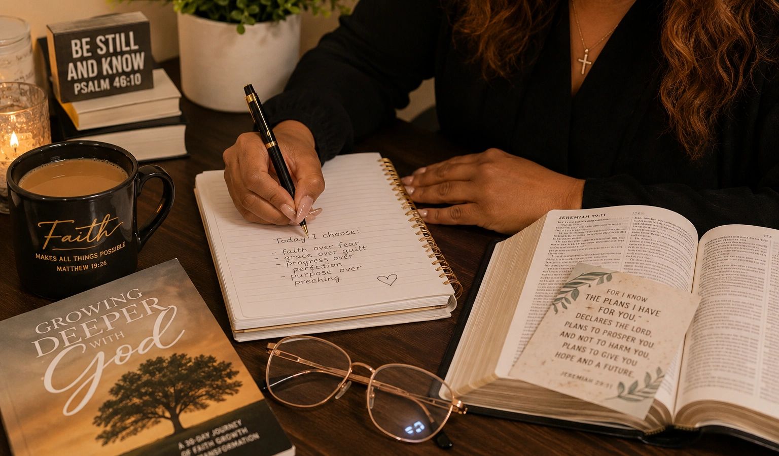 A person writes faith-inspired affirmations beside a Bible and a devotional book.