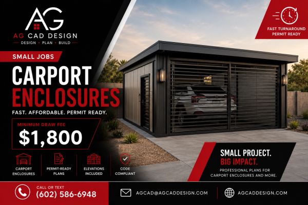 Residential carport enclosure featuring CAD drafting and permit-ready building plans by AG CAD Design.