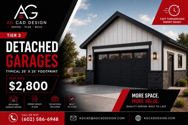 Custom detached garage with permit-ready construction plans,