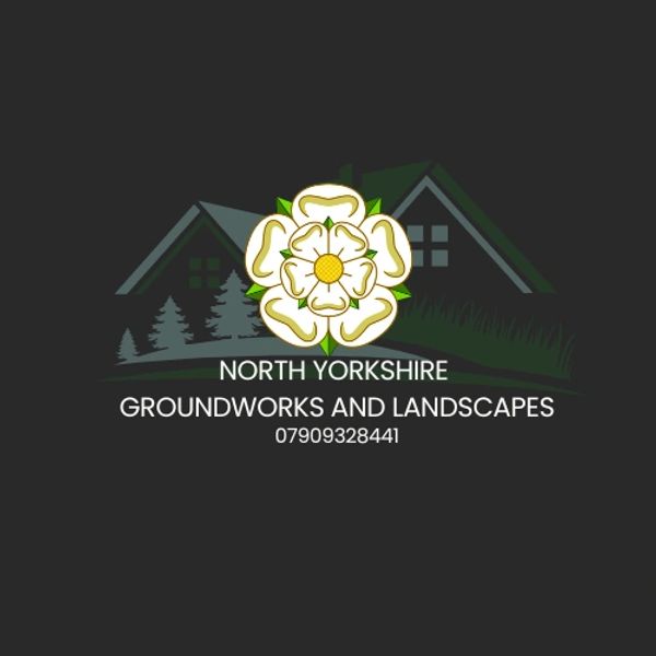 Logo for North Yorkshire Groundworks and Landscapes with a floral emblem and house silhouette.